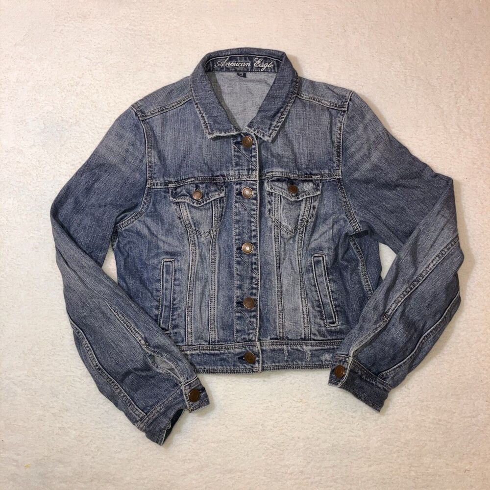 AE American Eagle Girl’s Jacket Size XL Blue Denim Jeans Trucker Distressed